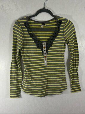 We The Free Striped Blouse with Lace Detail Pullover Distressed edges